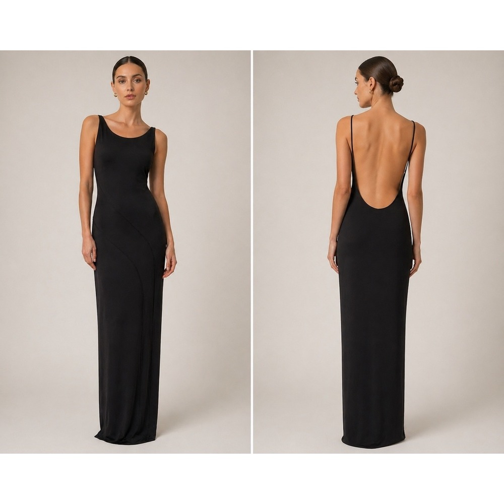 Vintage Dina Bar-El Black Minimalist Column Gown Low Back 90s Slip Dress Medium